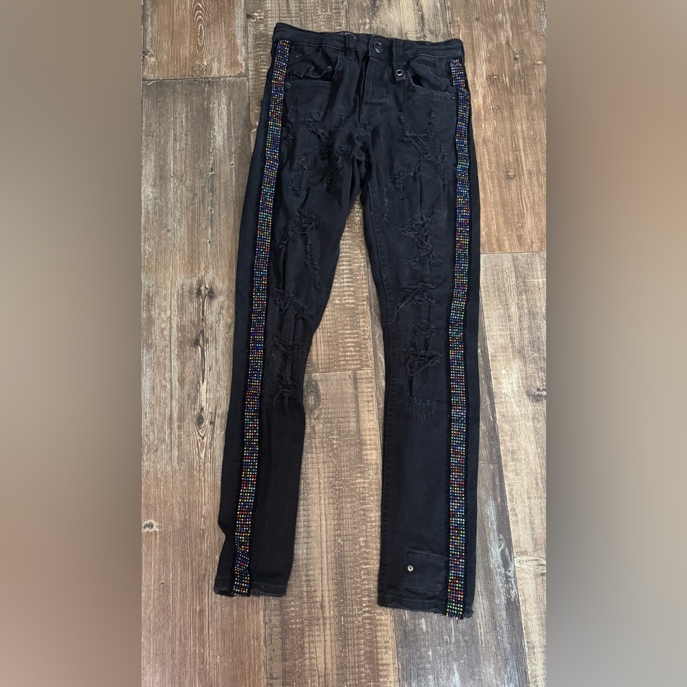 Men's Smugglers Moon Black Skinny Jeans with Multicolor Side Stripes Sz 30-31